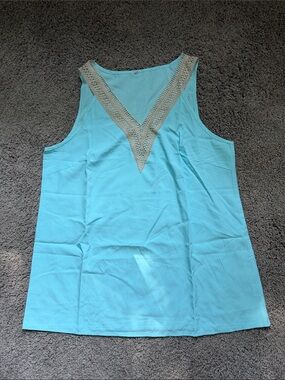Sleeveless V-Neck Tank Top - Aqua with Metallic Trim